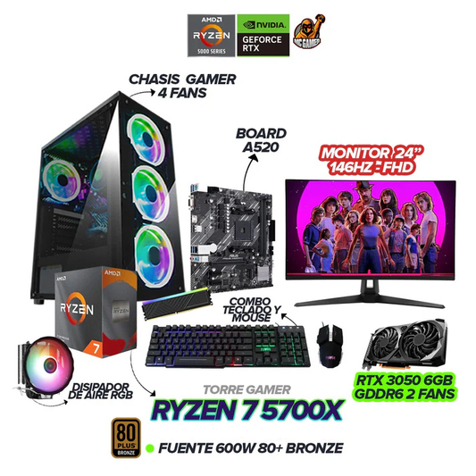 PC GAMER RYZEN 7 5700X / 3050 6GB / 600W / 4 FANS / MONITOR ASUS TUF 24"146hz