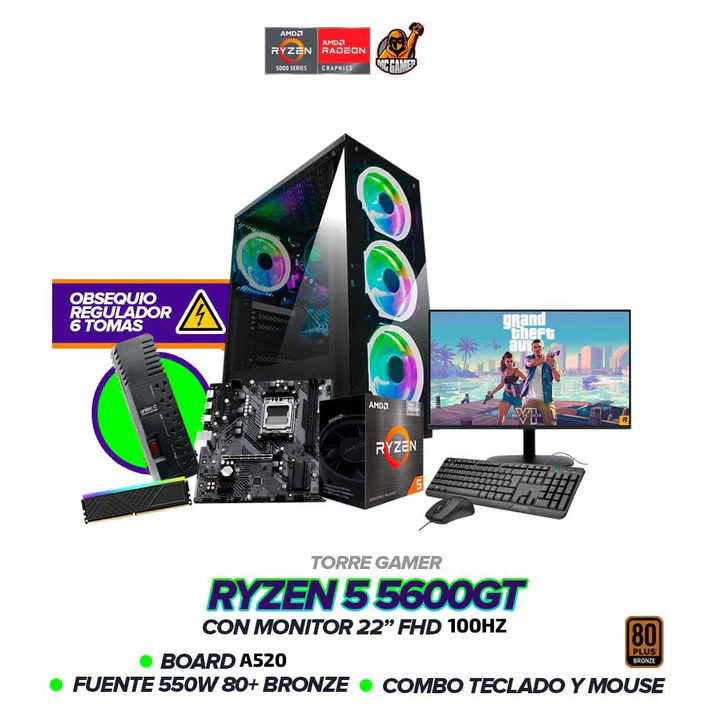 PC GAMER RYZEN 5 5600GT | A520 | Fuente 550W 80+ | Monitor 22” 100Hz | Combo + Regulador