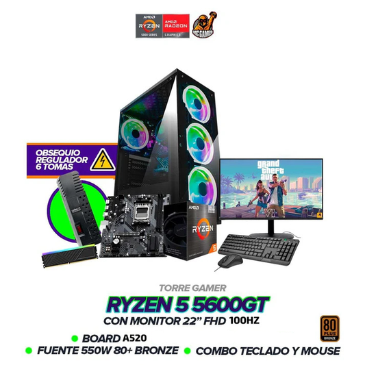 PC GAMER RYZEN 5 5600GT | A520 | Fuente 550W 80+ | Monitor 22” 100Hz | Combo + Regulador