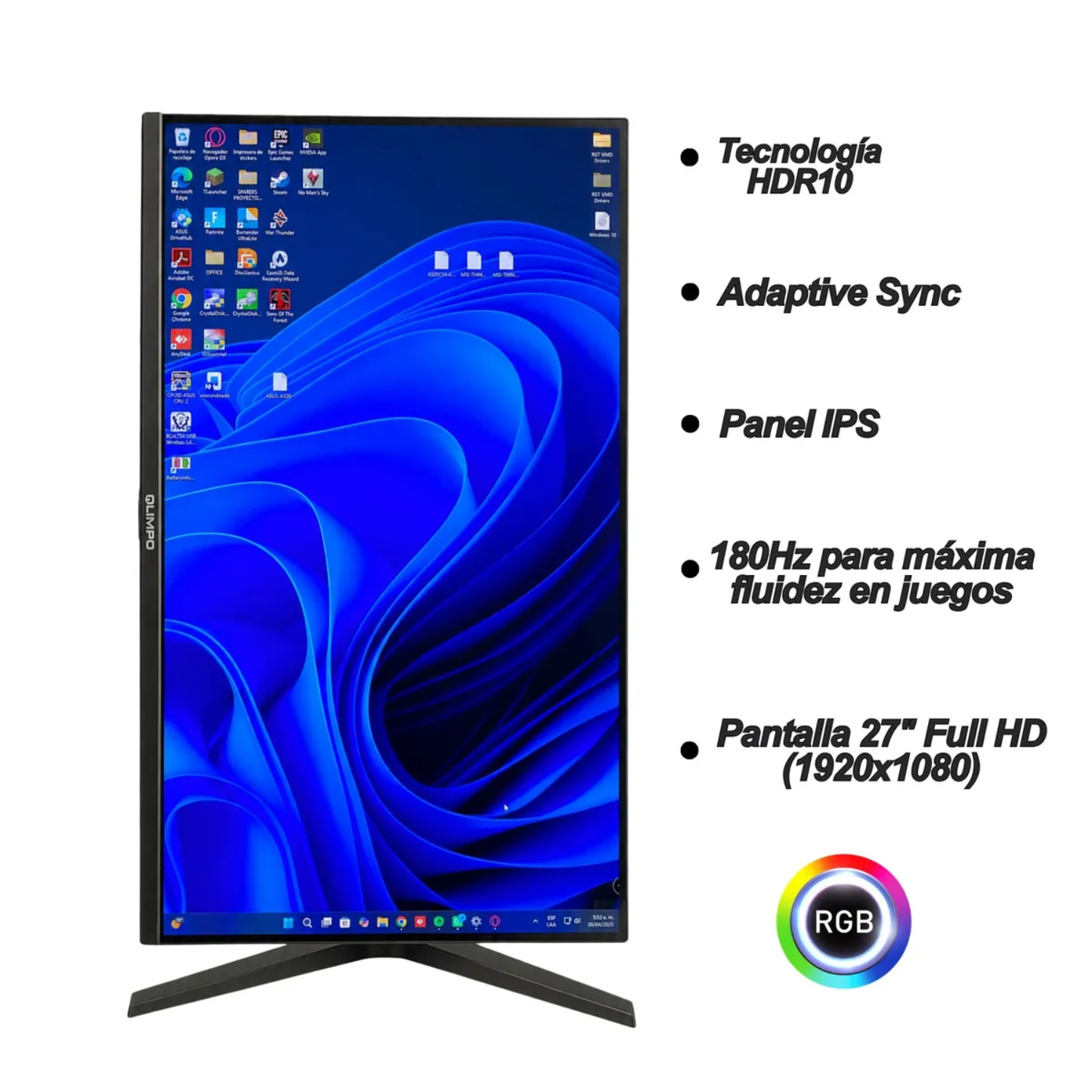 MONITOR GAMER OLIMPO 27" - FHD - 180Hz - HDR10 - Sistema Pivotable - RGB TRASERO - Adaptive Sync