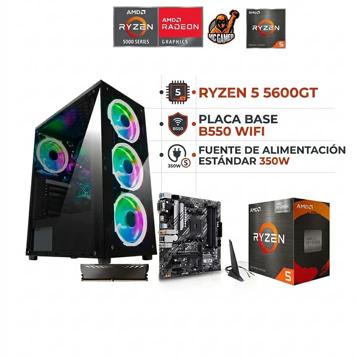 PC GAMER RYZEN 5 5600GT | B550 WiFi | Fuente 350W | Gabinete Gamer RBG 4 FANS