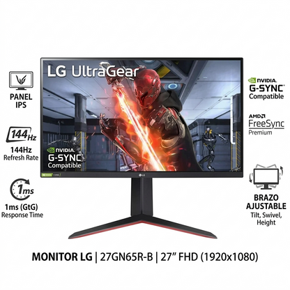 MONITOR LG | 27GN65R-B |  ULTRAGEAR PANEL IPS 27''  / FHD / 144HZ / 1MS / AMD FREESYNC PREMIUM - NVIDIA G-SYNC - BRAZO AJUSTABLE