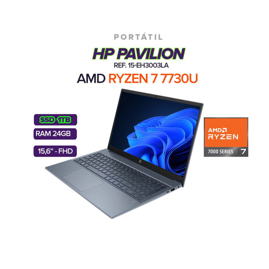 PORTATIL HP PAVILION 15-EH3003LA AMD RYZEN 7 7730U/ RAM 24GB/ SSD 1TB M.2/ 16" FHD