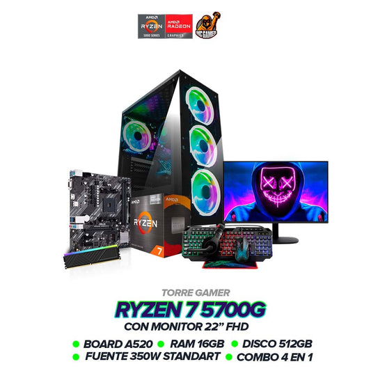 PC Ryzen 7 5700G | 16GB RAM | SSD 1TB | Monitor 22” FHD | Fuente 350W | Combo 4 en 1