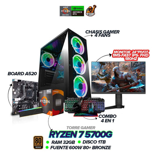 PC Gamer Ryzen 7 5700G | 32GB RAM | SSD 1TB | Fuente 600W 80+ Bronze | Monitor 24" 180Hz Pivot | Combo 4 en 1 Incluido
