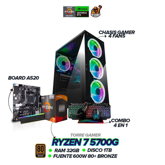 Torre Gamer Ryzen 7 5700G | 32GB RAM | SSD 1TB | Fuente 600W 80+ Bronze | Combo 4 en 1 Incluido