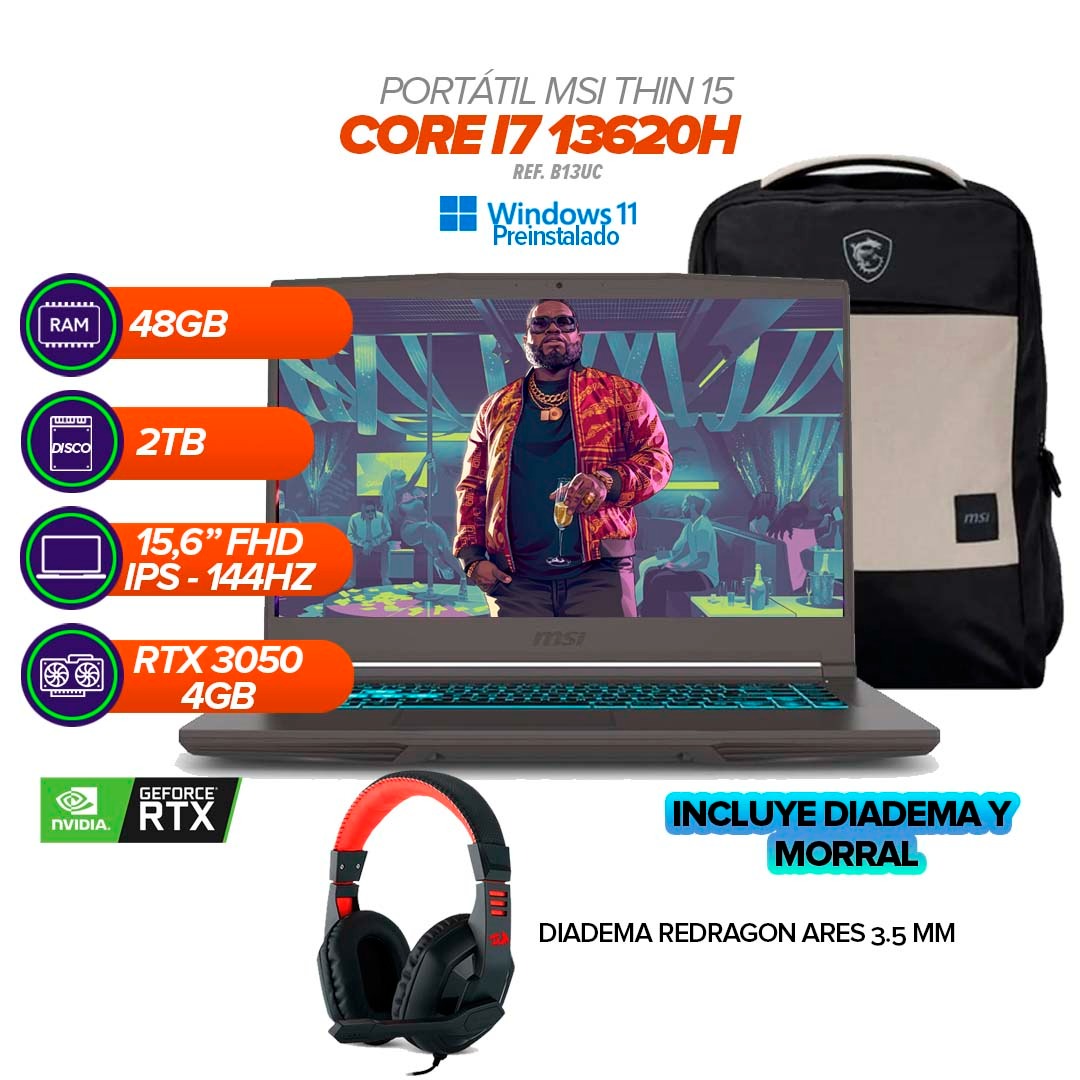 PORTÁTIL MSI Thin 15 B13UC | Intel Core i7-13620H | 48GB RAM | 2TB SSD | RTX 3050 4GB | Pantalla 15.6” FHD 144Hz | Incluye Diadema y Morral