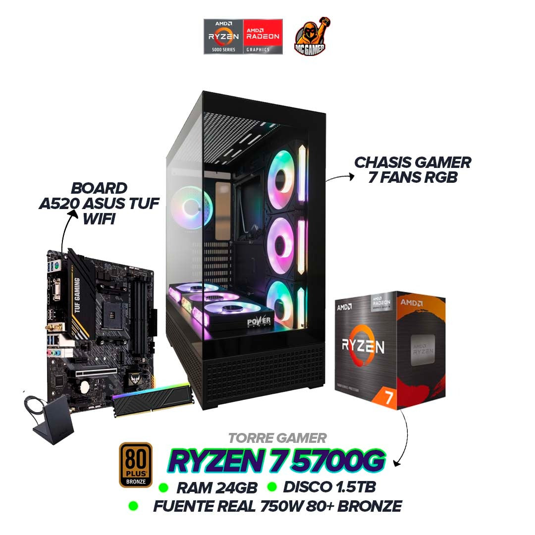 TORRE GAMER RYZEN 7 5700G / 24GB RAM / 1.5TB SSD / TUF A520 WIFI / 750W / 7 FANS