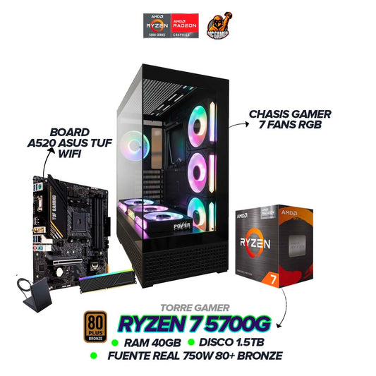 TORRE GAMER RYZEN 7 5700G / 40GB RAM / 1.5TB SSD / TUF A520 WIFI / 750W / 7 FANS