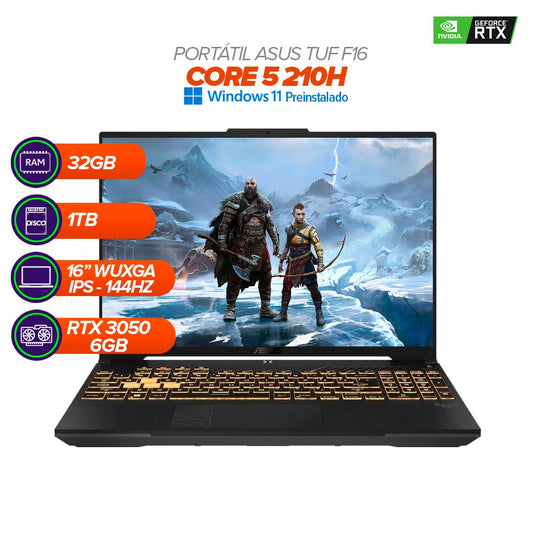 PORTÁTIL GAMER ASUS TUF F16 / Intel Core 5 210H / RTX 3050 / 32GB RAM / 1TB SSD / 16" WUXGA 144Hz