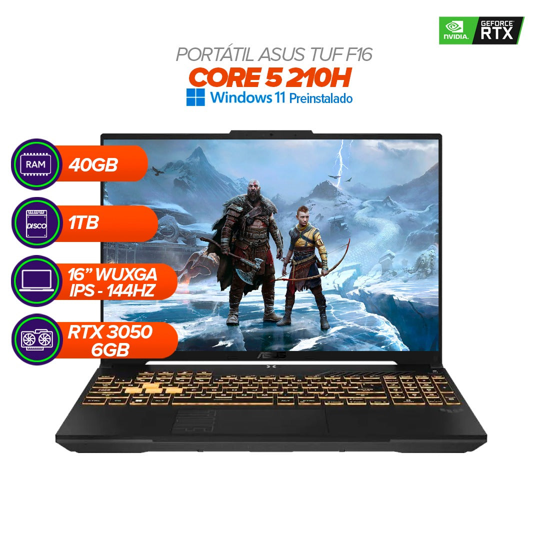 PORTÁTIL GAMER ASUS TUF F16 / Intel Core 5 210H / RTX 3050 / 40GB RAM / 1TB SSD / 16" WUXGA 144Hz