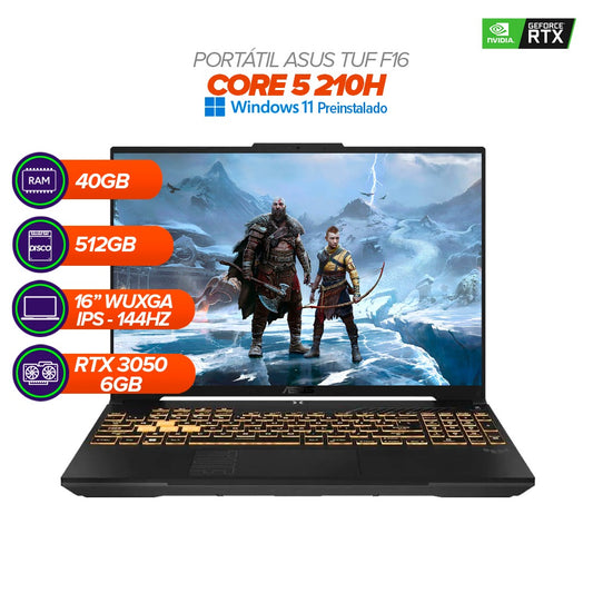 PORTÁTIL GAMER ASUS TUF F16 / Intel Core 5 210H / RTX 3050 / 40GB RAM / 512GB SSD / 16" WUXGA 144Hz