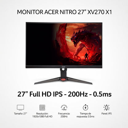 MONITOR ACER NITRO 27" - XV270 X1 -1920X1080 – 200HZ – 0.5MS -IPS
