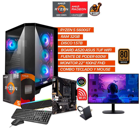 TORRE GAMER RYZEN 5 5600GT / RAM 32GB / SSD 1.5TB / BOARD A620 TUF WIFI + MONITOR 22 PULGADAS" FHD / FUENTE 600W 80 + BRONCE