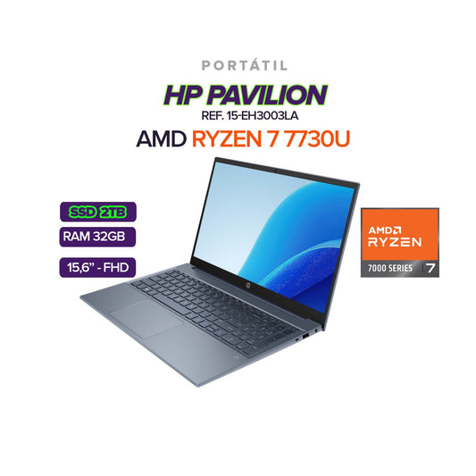 PORTATIL HP PAVILION 15-EH3003LA AMD RYZEN 7 7730U/ RAM 32GB/ SSD 2TB M.2/ 16" FHD