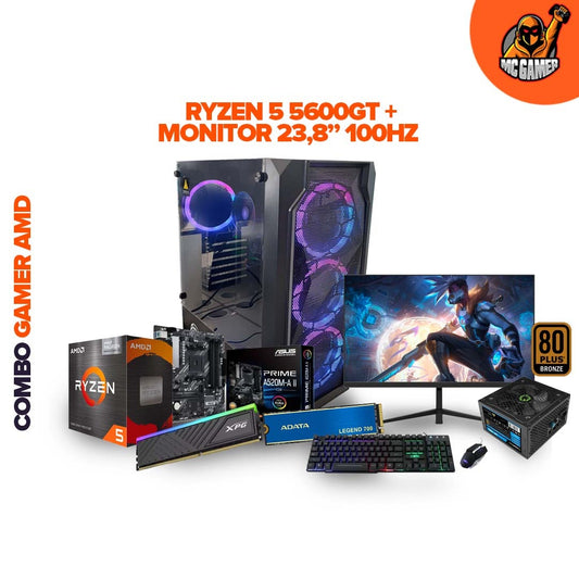 TORRE GAMER R5 5600GT / BOARD A520M-A II 4SLOT / RAM RGB 16GB / SSD 1TB / CHASIS 4FANS / FUENTE REAL 700W 80+ BRONZE / MONITOR ACER LED 21.5" 100HZ