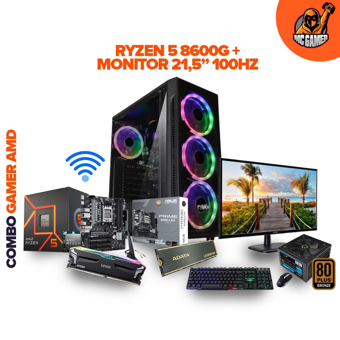 PC GAMER AMD R5 8600G/ BOARD ASUS PRIME B650M WI-FI / RAM DDR5 16GB DDR5-5600GHZ / SSD 1TB / CHASIS 4FANS / FUENTE 700W 80+ BRONZE / MONITOR 22” ACER 100HZ FHD