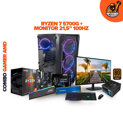 TORRE GAMER R7 5700G / BOARD A520M-A II 4SLOT / RAM RGB 16GB / SSD 1TB / CHASIS 4FANS / FUENTE 700W 80+ BRONZE / MONITOR ACER LED 21.5" 100HZ