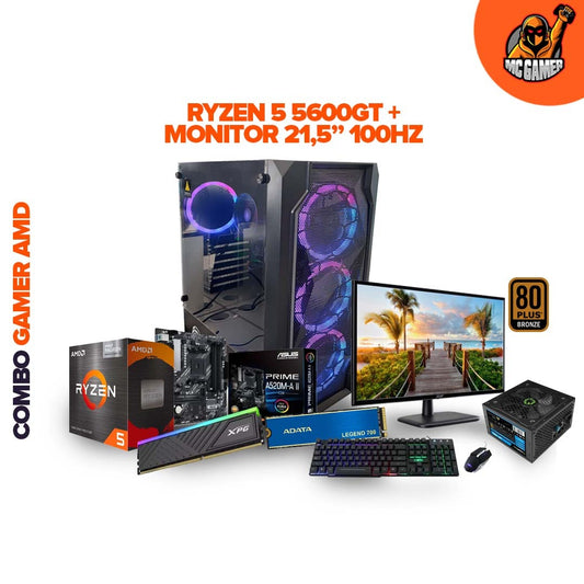 TORRE GAMER RYZEN 5 5600GT / BOARD A520M-A II / RAM RGB 16GB / SSD LEGEND 700 1TB / CHASIS 4FANS / FUENTE REAL 700W 80+ BRONZE / MONITOR ACER LED 21.5" 100HZ HDMI