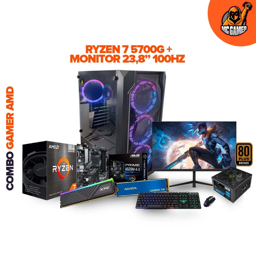 TORRE GAMER RYZEN 7 5700G / BOARD A520M-A II 4SLOT / RAM XPG D35 RGB 16GB / SSD 1TB / CHASIS 4FANS / FUENTE REAL 700W 80+ BRONZE / MONITOR INFINITY 23.8" FHD 100HZ