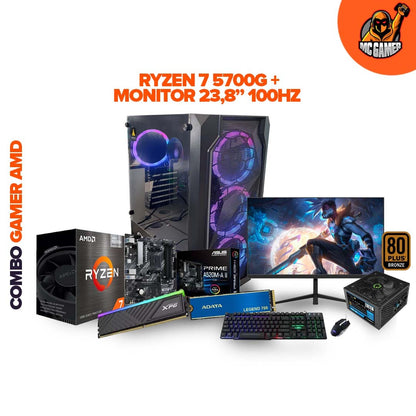 TORRE GAMER RYZEN 7 5700G / BOARD A520M-A II 4SLOT / RAM XPG D35 RGB 16GB / SSD 1TB / CHASIS 4FANS / FUENTE REAL 700W 80+ BRONZE / MONITOR INFINITY 23.8" FHD 100HZ