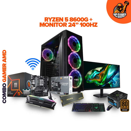 PC GAMER AMD R5 8600G/ BOARD ASUS PRIME B650M WI-FI / RAM DDR5 16GB / SSD 1TB / CHASIS 4FANS / FUENTE 700W 80+ BRONZE / MONITOR ACER 24" / 1MMS -100HZ / IPS