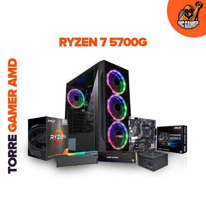 TORRE GAMER AMD R7 5700G / BOARD ASUS PRIME A520M-K / MEMORIA RAM 16GB RGB HIKSEMI / 1TB SSD FUTURE LITE 4X4 7100 MB/S/ CHASIS POWER 4FANS / FUENTE STANDARD 350W