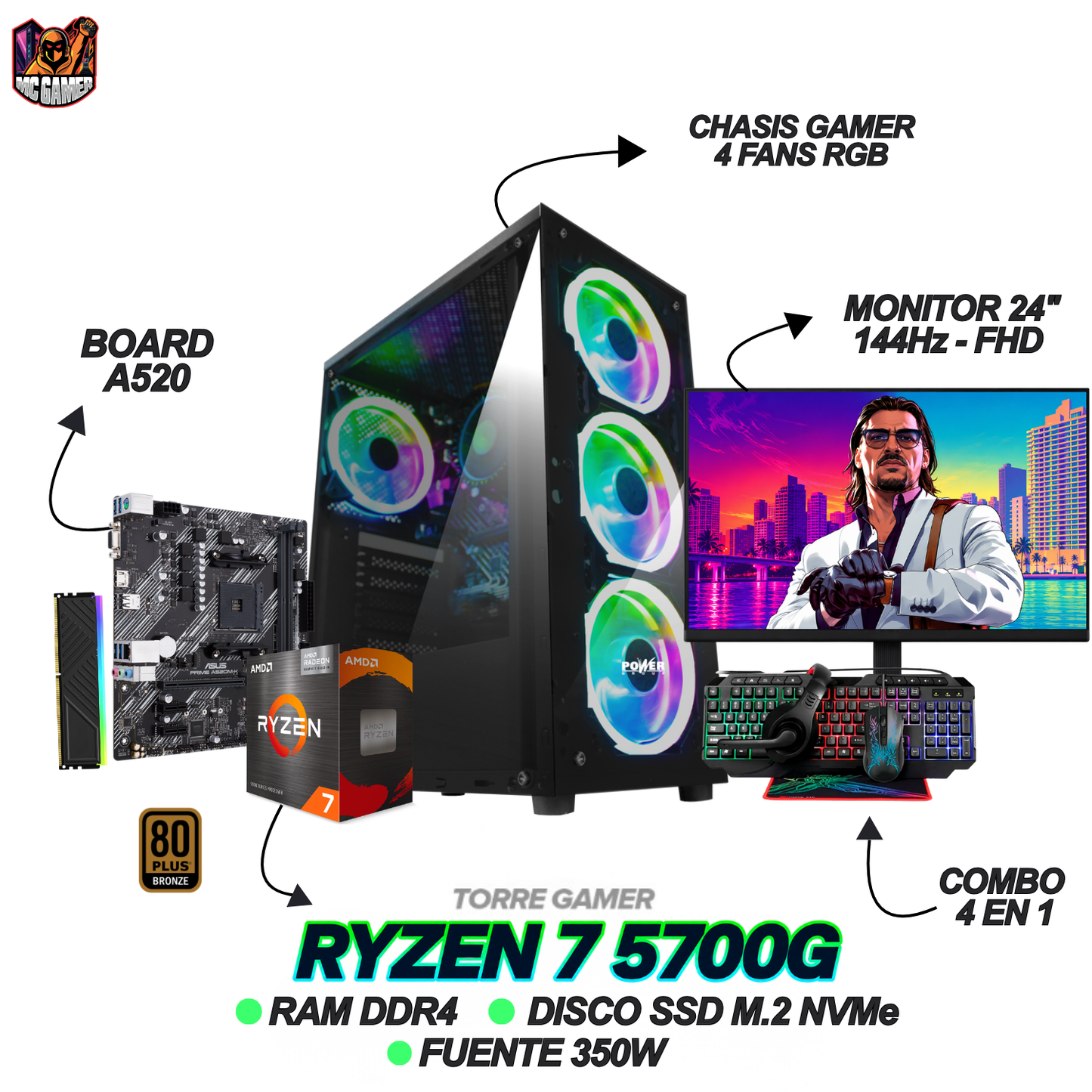 PC GAMER - RYZEN 7 5700G - MONITOR 24" FHD 144Hz / COMBO GAMER