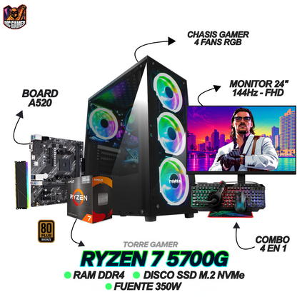 PC GAMER - RYZEN 7 5700G - MONITOR 24" FHD 144Hz / COMBO GAMER