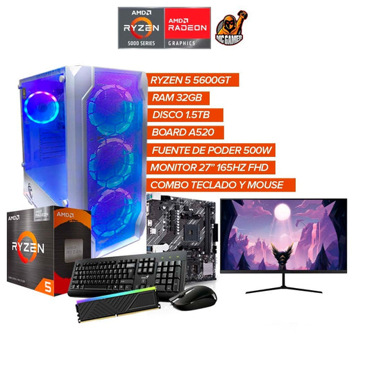 PC GAMER RYZEN 5 5600GT/RAM 32GB/SSD 1.5TB/A520M/FUENTE 500W/MONITOR 27"165HZ