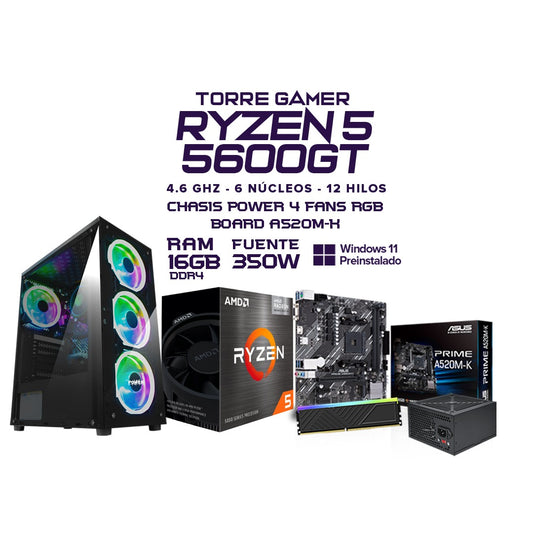 PC Gamer Ryzen 5 5600GT | 16GB RAM | SSD 512GB o 1TB | Chasis RGB 4 Ventiladores | Fuente 700W | Windows 11 | Combo Teclado + Mouse | Monitor Opcional 22" / 24" / 27"
