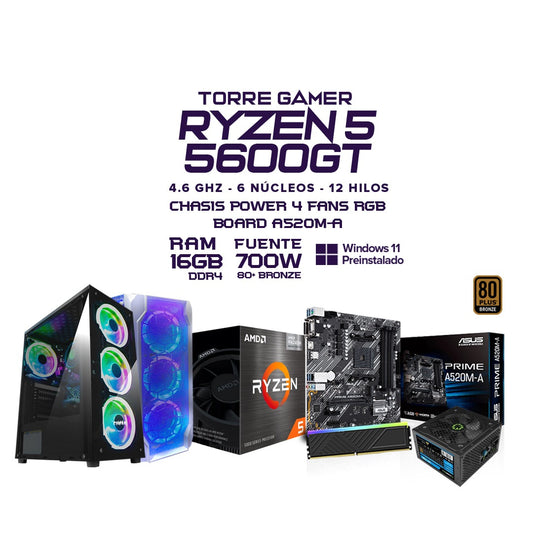 PC Gamer Ryzen 5 5600GT | 16GB RAM | SSD 512GB o 1TB | Chasis RGB 4 Ventiladores | Fuente 700W | Windows 11 | Monitor Opcional 22" / 24" / 27" | Combo Teclado + Mouse