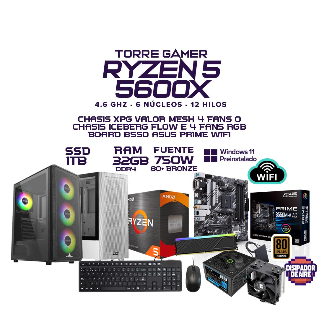 TORRE GAMER RYZEN 5 5600X | 32GB RAM | SSD 1TB | 750W 80+ | WiFi Integrado + Tarjeta Gráfica de Tu Elección