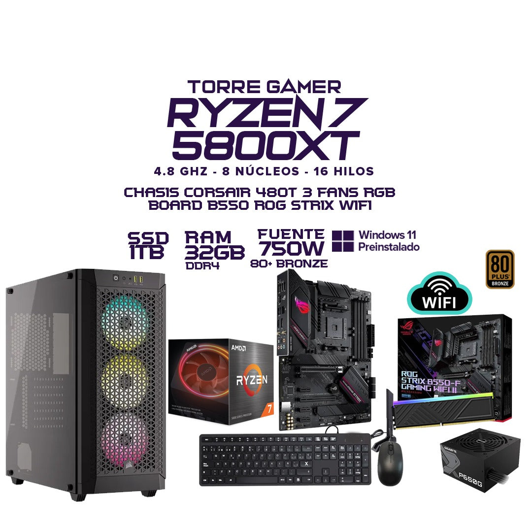 TORRE GAMER RYZEN 7 5800XT | 32GB RAM | SSD 1TB | B550 ROG STRIX WiFi | 750W 80+ Bronze + Tarjeta Gráfica de tu Elección