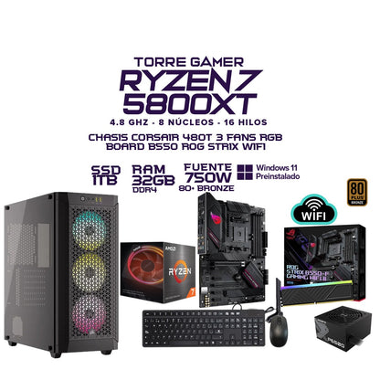 TORRE GAMER RYZEN 7 5800XT | 32GB RAM | SSD 1TB | B550 ROG STRIX WiFi | 750W 80+ Bronze + Tarjeta Gráfica de tu Elección
