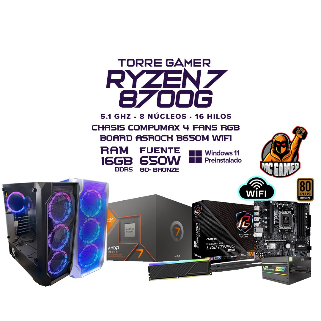 PC Gamer Élite Ryzen 7 8700G | 16GB DDR5  | SSD  512GB | 5.1 GHz | B650M WiFi | Chasis RGB | Elige Monitor 22” / 24” / 27” | Incluye Combo Teclado y Ratón