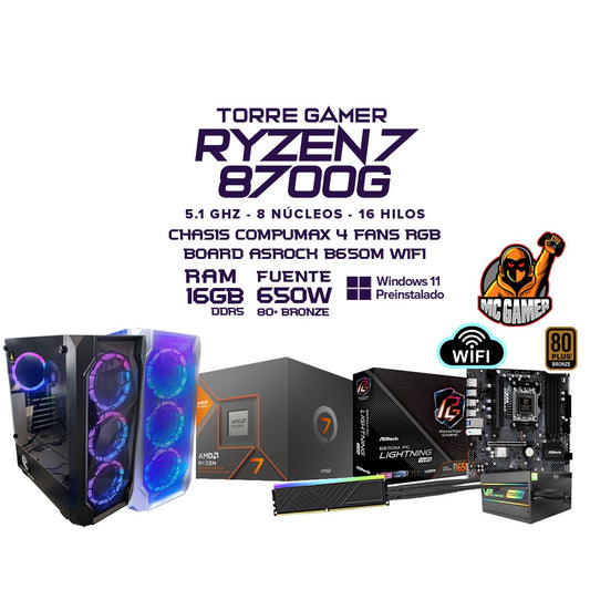 PC Gamer Élite Ryzen 7 8700G | 16GB DDR5  | SSD  512GB | 5.1 GHz | B650M WiFi | Chasis RGB | Elige Monitor 22” / 24” / 27” | Incluye Combo Teclado y Ratón