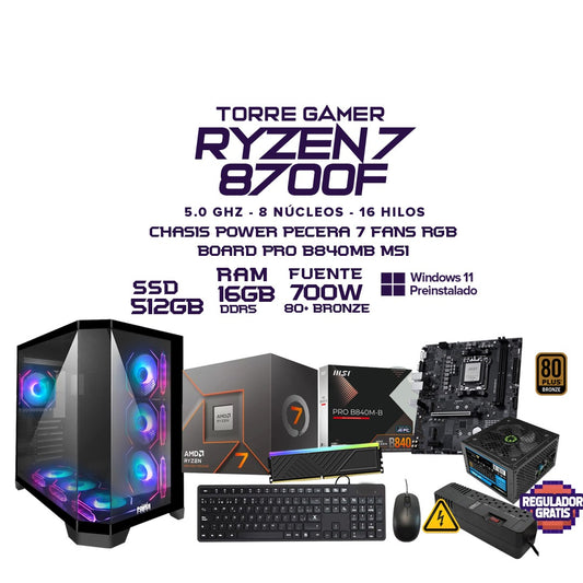 PC Gamer Diseño Exclusivo Ryzen 7 8700F | 16GB DDR5 | SSD 512GB | Chasis Pecera 7 Fans RGB | Regulador Gratis | Elige tu Tarjeta Gráfica: RTX 3050 / 5050 / 5060 / 5060 Ti