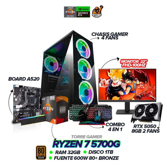 PC GAMER RYZEN 7 5700G | RTX 5050 | 32GB RAM | 1TB SSD | 600W | Monitor 22 FHD