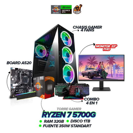 PC GAMER RYZEN 7 5700G | RAM 32GB | SSD 1TB | BOARD A520 | Monitor 22" FHD