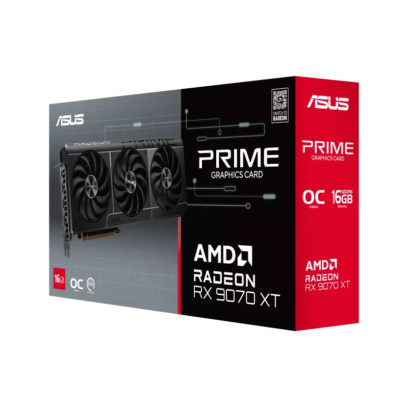 ASUS Prime Radeon RX 9070 XT OC Edition cuenta con tres ventiladores axial-tech y una almohadilla térmica GPU de cambio de fase para una refrigeración suprema.