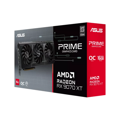 ASUS Prime Radeon RX 9070 XT OC Edition cuenta con tres ventiladores axial-tech y una almohadilla térmica GPU de cambio de fase para una refrigeración suprema.