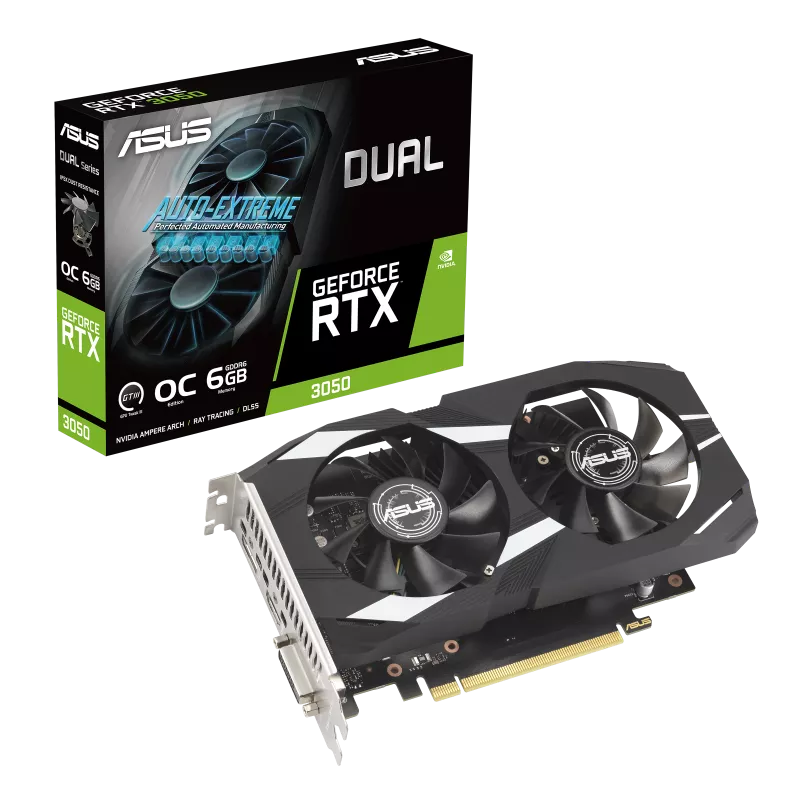 ASUS Dual GeForce RTX™ 3050 OC Edition de 6GB GDDR6 con dos potentes ventiladores, rendimiento AAA en juegos y ray tracing