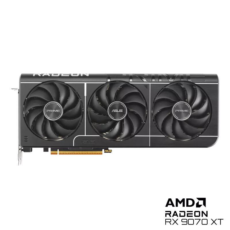 ASUS Prime Radeon RX 9070 XT OC Edition cuenta con tres ventiladores axial-tech y una almohadilla térmica GPU de cambio de fase para una refrigeración suprema.