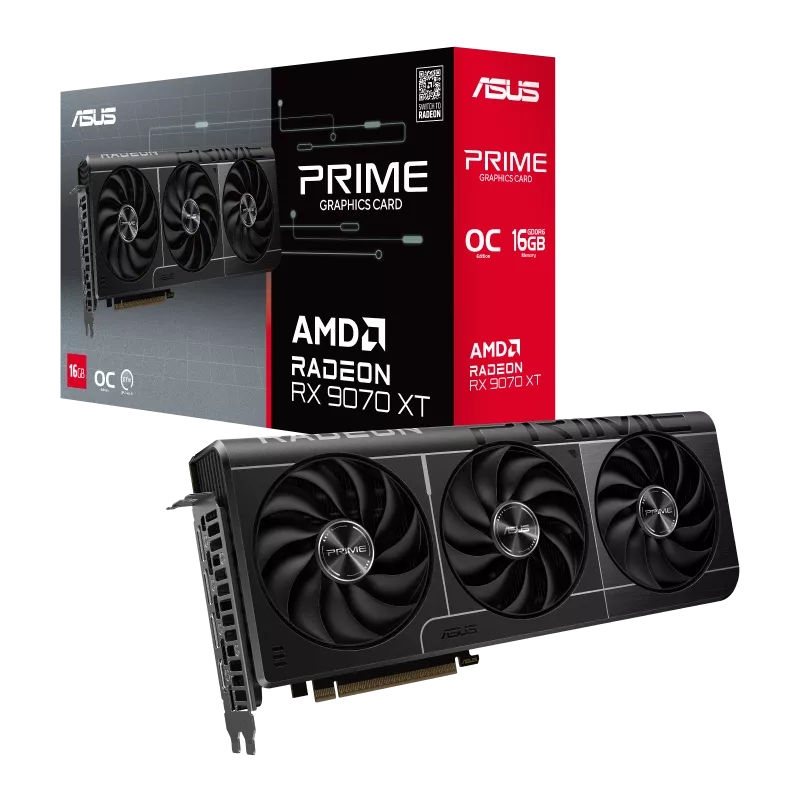 ASUS Prime Radeon RX 9070 XT OC Edition cuenta con tres ventiladores axial-tech y una almohadilla térmica GPU de cambio de fase para una refrigeración suprema.