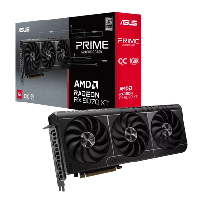 ASUS Prime Radeon RX 9070 XT OC Edition cuenta con tres ventiladores axial-tech y una almohadilla térmica GPU de cambio de fase para una refrigeración suprema.
