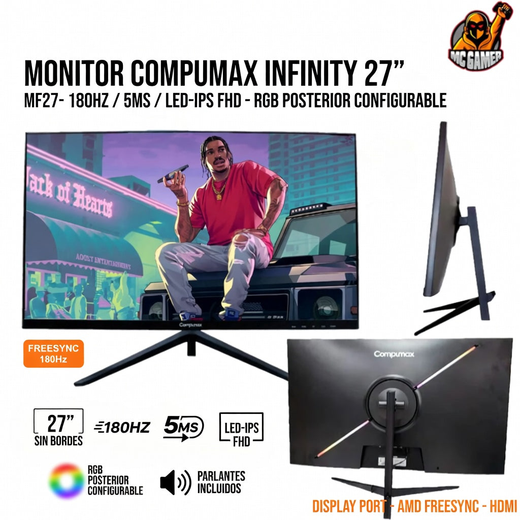 MONITOR COMPUMAX INFINITY 27" MF27- 180HZ / 5MS / LED-IPS FHD - RGB POSTERIOR CONFIGURABLE