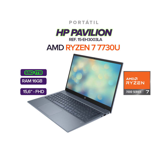 PORTATIL HP PAVILION 15-EH3003LA AMD RYZEN 7 7730U/ RAM 16GB/ SSD 1TB M.2/ 16" FHD