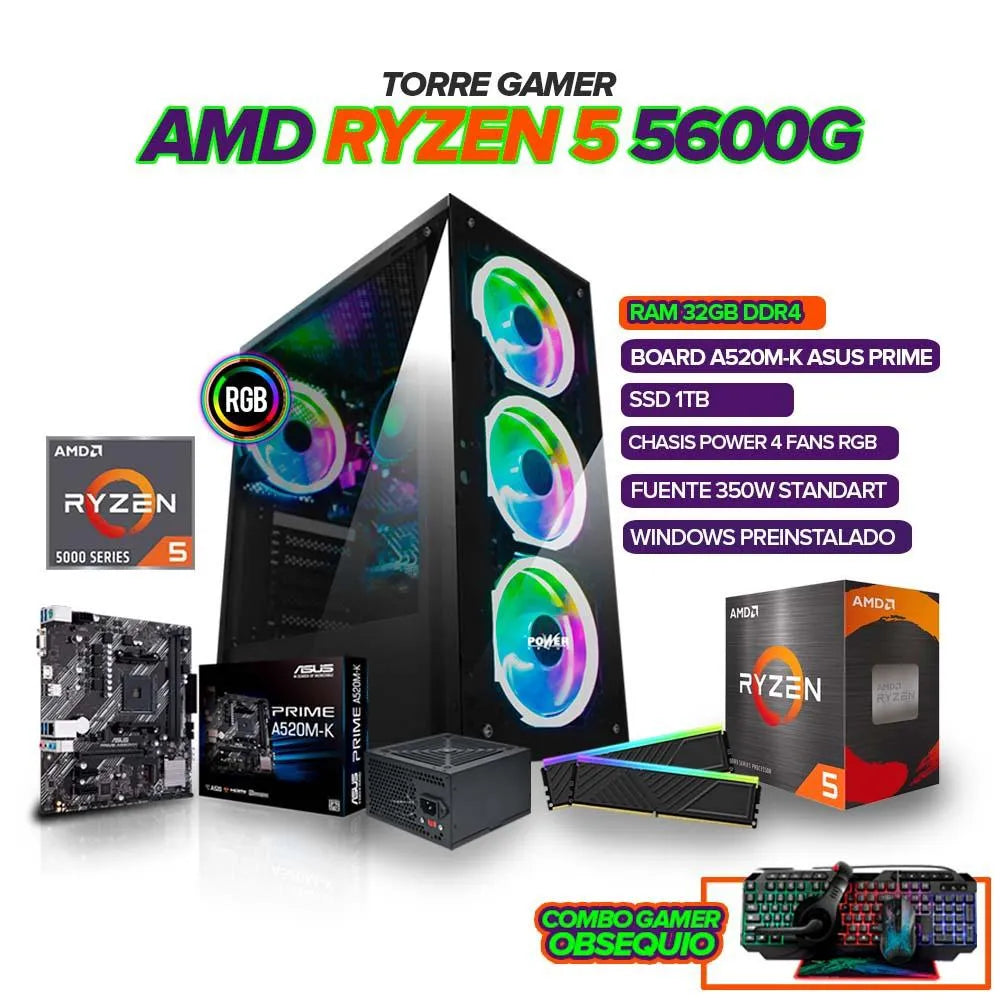 Pc Gamer Amd Ryzen 5 5600G/ 32Gb Ram Ddr4/ Ssd 1Tb/ Board A520/ Chasis 4Fans Rgb / Obsequio Combo Game