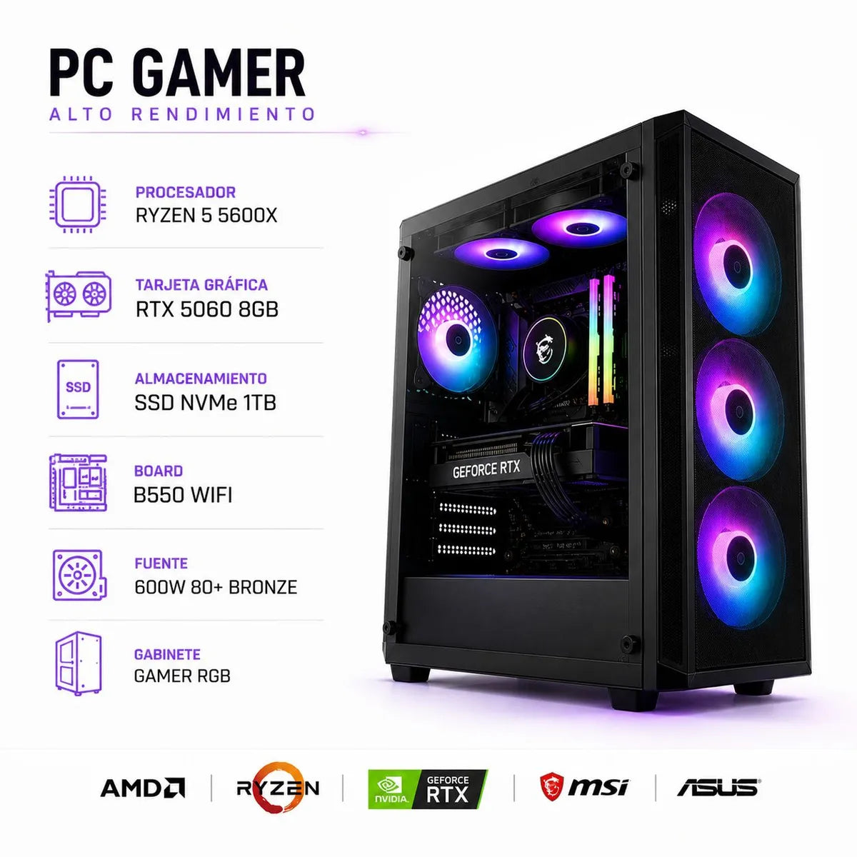 PC Gamer Ryzen 5 5600X + RTX 5060 - B550 WIFI